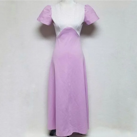 Vintage 1960s Lilac Swiss Dot Handmade Short Sleeve Tie Waist Maxi Dress S - Picture 3 of 13